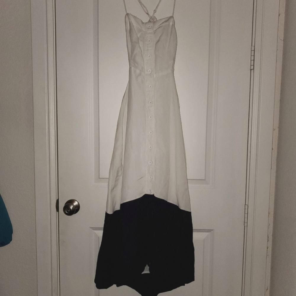 Maeve XS Linen/Cotton Elegant Open Back Black/White Maxi Dress